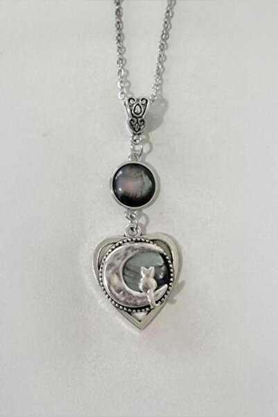 Karakedi Silver Black Moonstone Heart Motif Moon and Cat Detailed Necklace