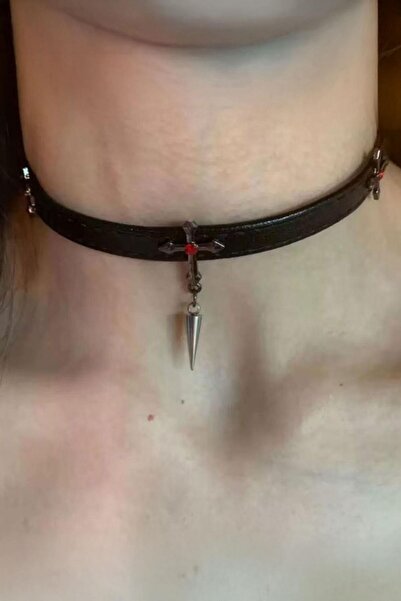 Karakedi Black Gothic Dangling Cross Leather Collar