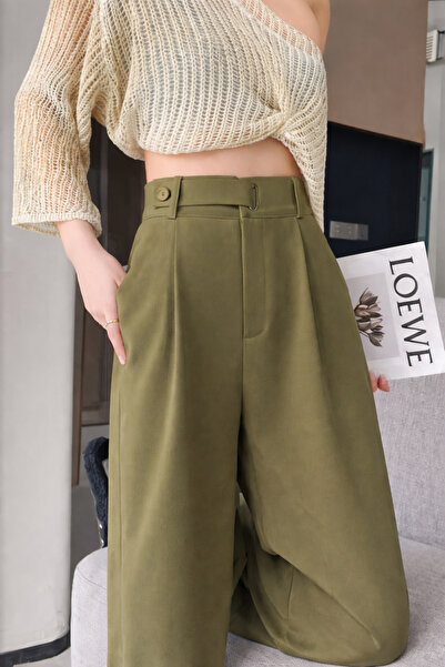 Hazel Women's Khaki Belt with Buckle Detail Palazzo Pants