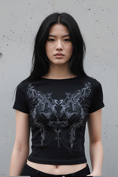 Karakedi Crop cu mânecă scurtă, negru, Tribal Cross, gotic, Y2K