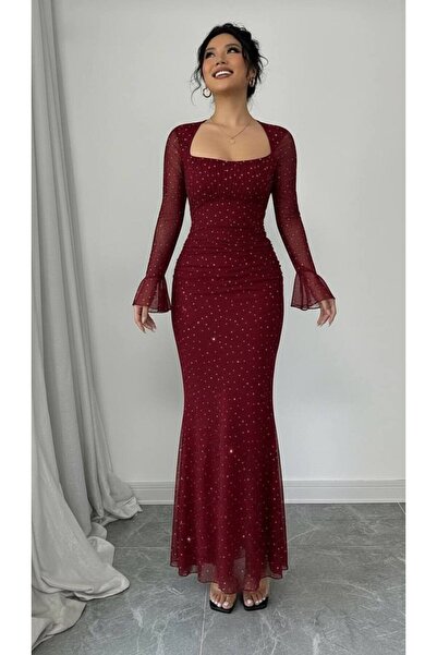 Larenmoda Taşlı full likralı tül kumaş drapeli maxi boy elbise