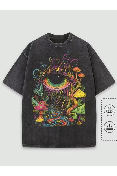 Mella&Co Göz Detaylı Mushroom Baskılı TişörtStone WashOversize، 100% Cotton، ...
