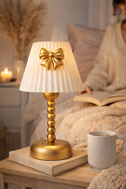 Bubihome Kablosuz Kullanım Pilli LED Abajur | Gold Gövde Fiyonk Detaylı Dekor...