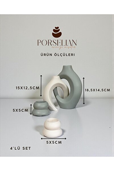 Porselian 4'lü Dekoratif Beton Vazo & Obje Seti