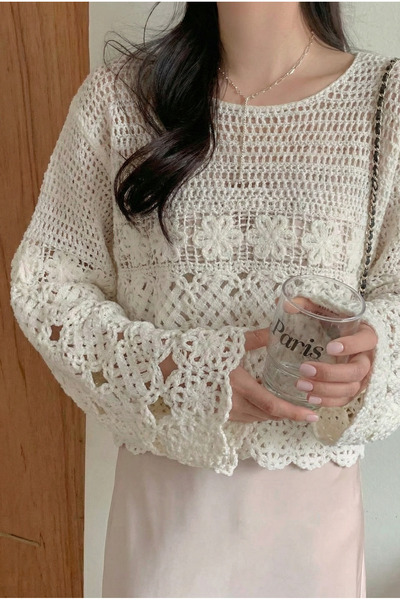 FEMELLE Γυναικεία λευκή μπλούζα με βελονάκι