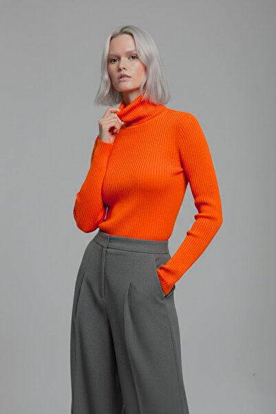 Giyimodam Women's Orange Full Turtleneck Corded Fabric Knitwear Sweater - Sof...