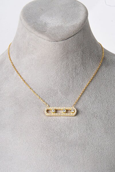 eva silvera 925 Ayar Gümüş Gold Kaplama Messika Kolye Zirkon Taşlı Oval Kolye