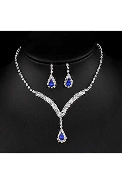 Kracer Silver Necklace and Earrings Set with Blue & White Zirconia Stones, St...