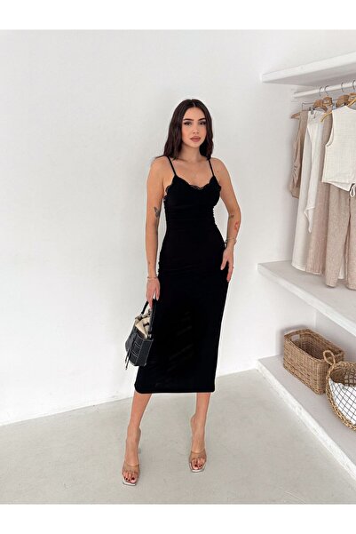 MERİKA ELEGANCE Dantel Detaylı Esnek Sandy Kumaş Uzun Elbise