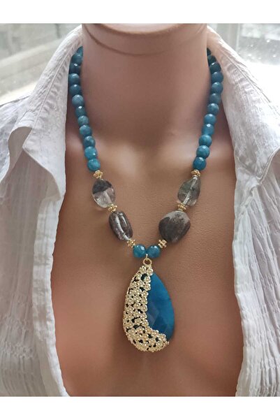 elinasaccessories Mavi Akik Kuvars Doğal Taşlı Kadın Kolye 14 Ayar Altın Kapl...