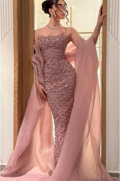 ELHAM FASHION Rose Blush embellished evening dress with chiffon shawl