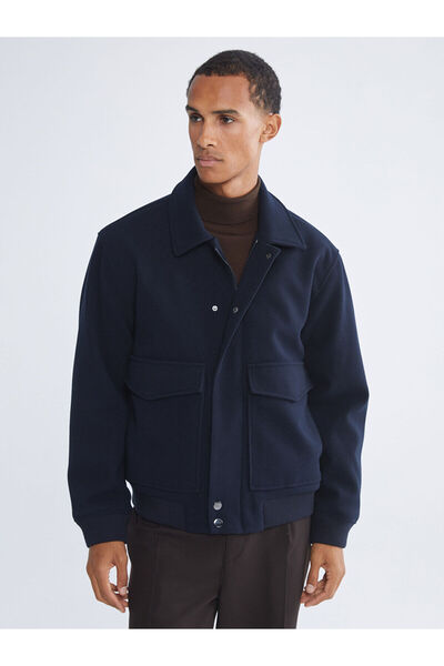 LC Waikiki Navy Blue Standard Fit Shirt Collar Men's Cashmere Coat