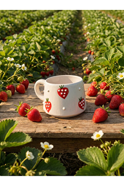 NİVRA GRUP El Yapımı Seramik Kupa Bardak – Kabartmalı Çilek Desenli Kahve & Ç...