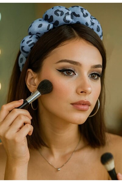 KANERUZ Mavi Renk Leopar Desenli Spa Saç Bandı Havlu Taç
