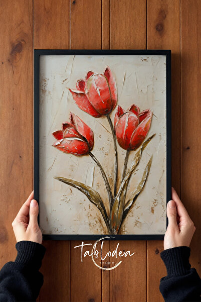 tablodea Pictură în ulei cu flori de lalele roșii, design texturat, tablou TD...