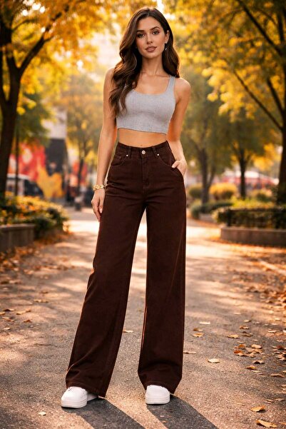 NWC Victoria Dark Brown Stretch Fabric Super High Waist Loose Leg Denim Palaz...