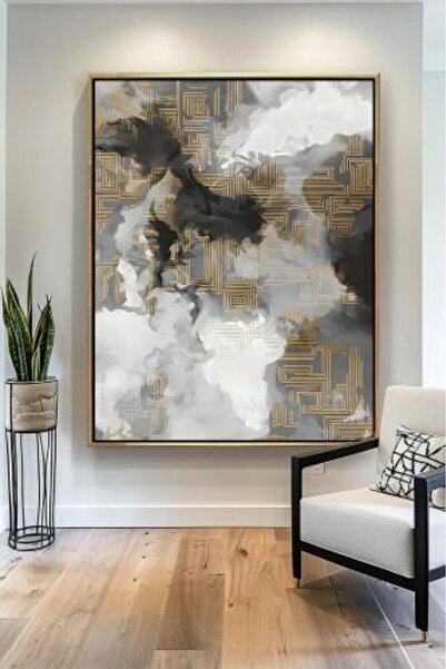 lawhat لوحة ديكور منزلي تجريدية الوان درجات الاسود والبيج والرمادي مطبوعة على...