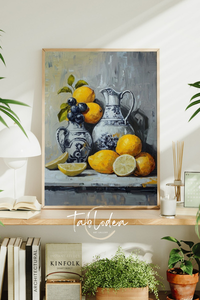 tablodea Pictură artistică de bucătărie în stil mediteranean vintage cu lămâi...