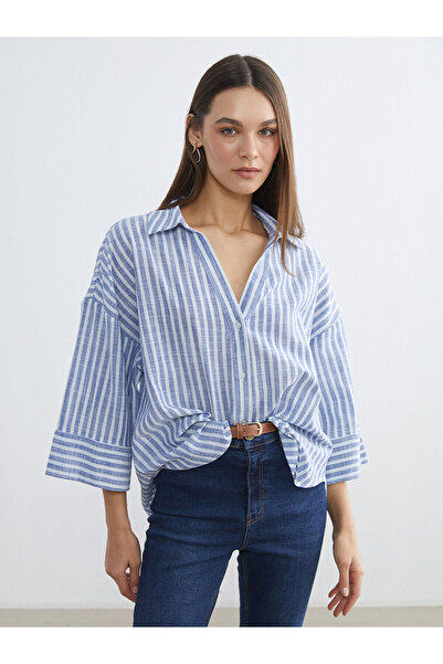 LC Waikiki Γυναικείο πουκάμισο μπλε ριγέ Oversize Poplin