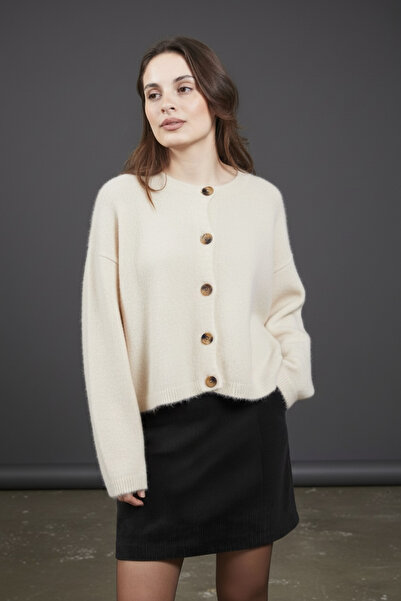 mahira collection Ecru Crew Neck Women's Fleece-Lined Button Knitwear Cardigan