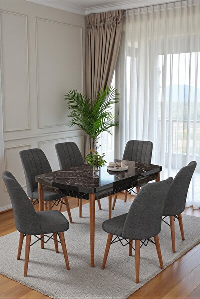 Kaktüs Avm Mutfak Masası Takımı | 6 Kişilik Açılır Masa Sandalye Takımı | Siy...