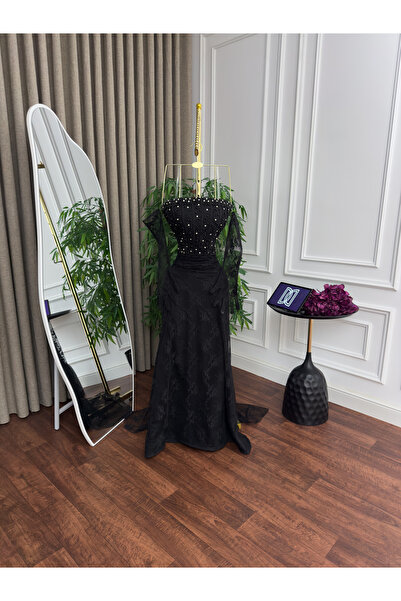 BTROON Evening dress with lace embroidery, flared skirt and train