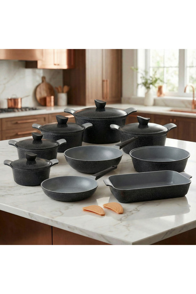 Jewel Black 16 Piece Granite Ceramic Non-Stick Cookware Set with Lids – Non S...