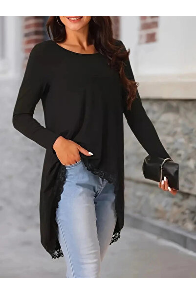 nedo7 Women's Long Sleeve Crew Neck Asymmetrical Cut Detailed Lace Viscose Bl...