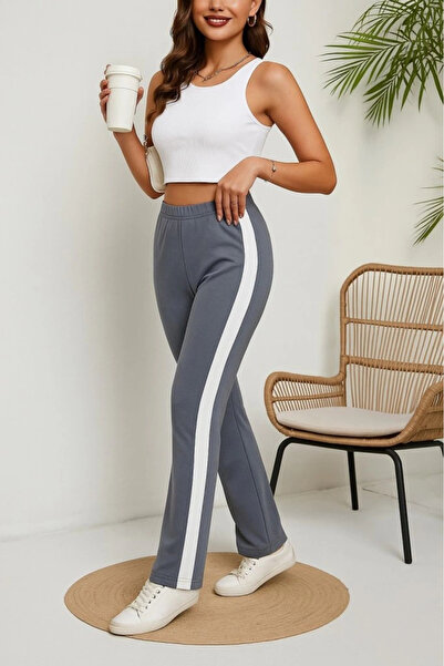 nedo7 بنطلون نسائي عالي الخصر من الجانبين تفاصيل مخططة شق مصنوع من الفيسكوز ب...