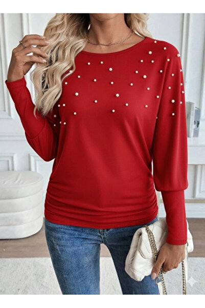 nedo7 Women's Long Sleeve Round Neck Pearl Viscose Blouse