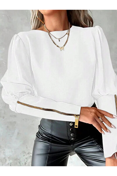 nedo7 Women's Long Sleeve Crew Neck Zipper Detailed Imported Crepe Blouse