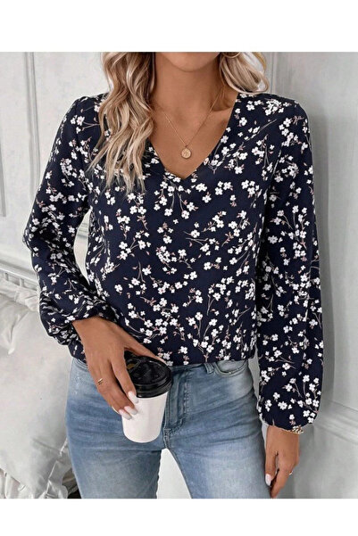 nedo7 Women's long sleeve v neck floral pattern modal blouse