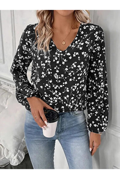nedo7 Women's long sleeve v neck floral pattern modal blouse