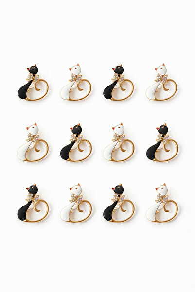 OEM Set de 12 broșe Mărțișor, 5 cm, pisică albă/neagră, cadou de 1 Martie