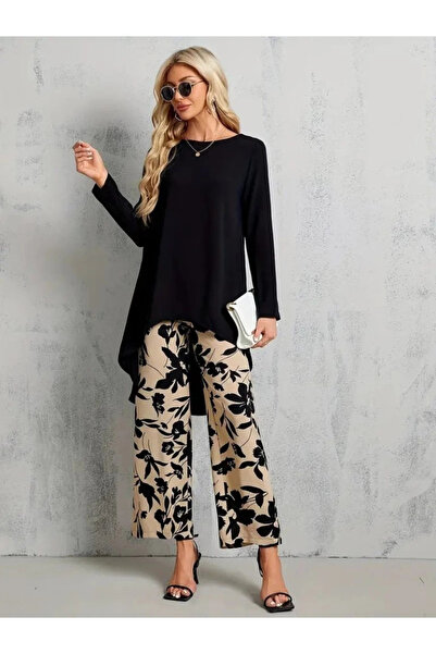 nedo7 Women's Long Sleeve Crew Neck Asymmetrical Cut Detailed Viscose Blouse ...