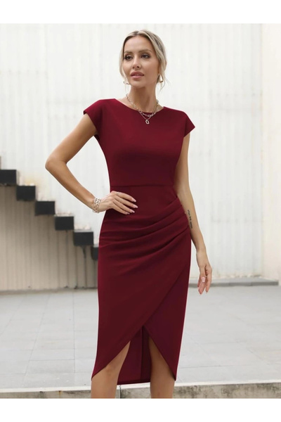 nedo7 Women's half moon sleeve crew neck side Draped imported crepe dress