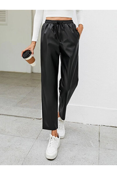 nedo7 Women's High Waist Lace-Up Leather Pants