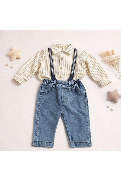 Luna Çizgili Gömlekli Kot Pantolonlu Erkek Bebek 2 Li Takım
