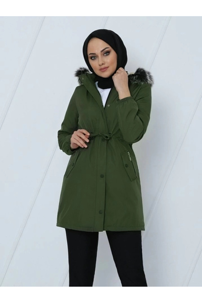 nedo7 Short Coat with Hood, Elastic Sleeves and Pockets - Khaki