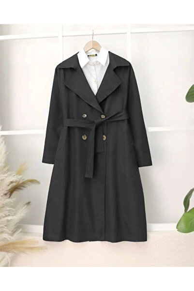 nedo7 Bolero Detailed Belted Araboy Trench Coat - Black