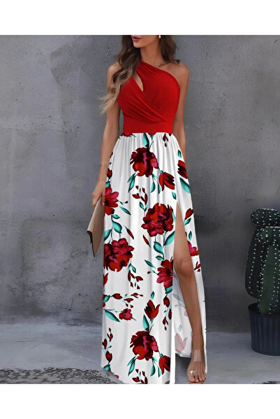 nedo7 فستان نسائي طويل بحزام كتف واحد وتفاصيل متدلية من الأسفل