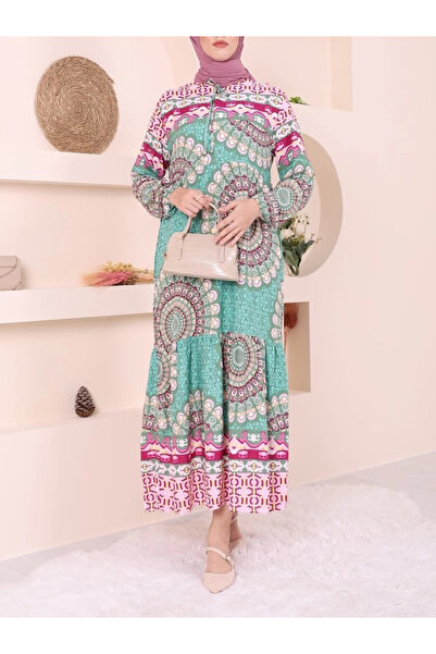 nedo7 Patterned lace-up elastic sleeve dress - green