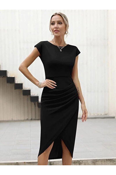 nedo7 Women's half moon sleeve crew neck side Draped imported crepe dress