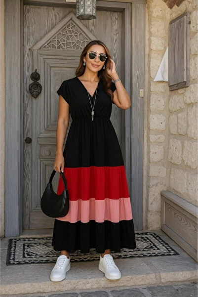 nedo7 فستان Aerobin نسائي بأكمام قصيرة وياقة مزدوجة ومتعدد الألوان