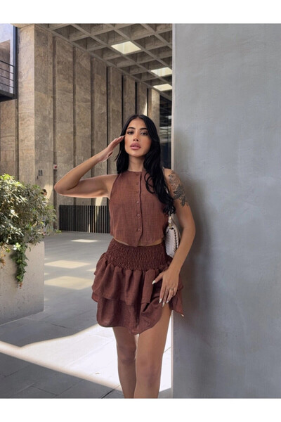Cool & Sexy Katlı Etek ve Yelek Alt Üst Takım
