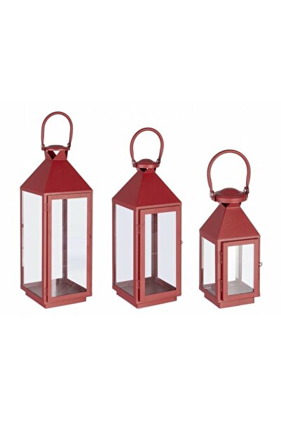 Bizzotto Set of 3 Red Metal Lanterns Lucinda