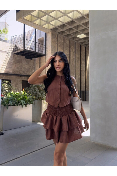 Cool & Sexy Katlı Etek ve Yelek Alt Üst Takım
