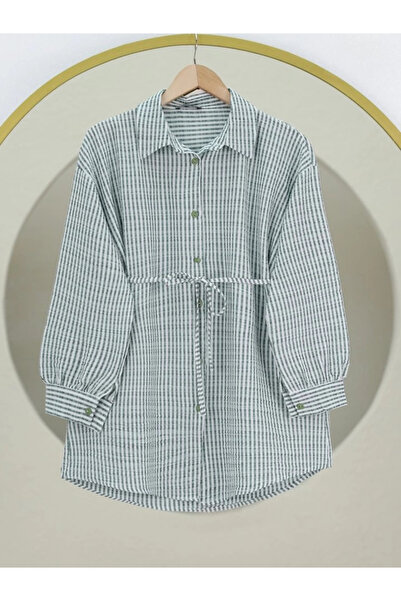 nedo7 Length Buttoned Lace up Striped Wrapped Shirt -Green