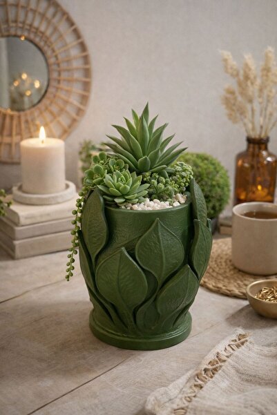 BUBUHOMEDECOR Dekoratif Yaprak Desenli Saksı veya Vazo Yeşil Renk