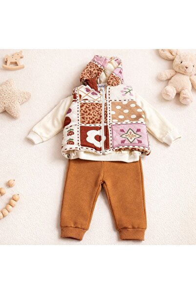 Luna Çiçek Desenli Şişme Yelekli Kız Bebek 3lü Takım